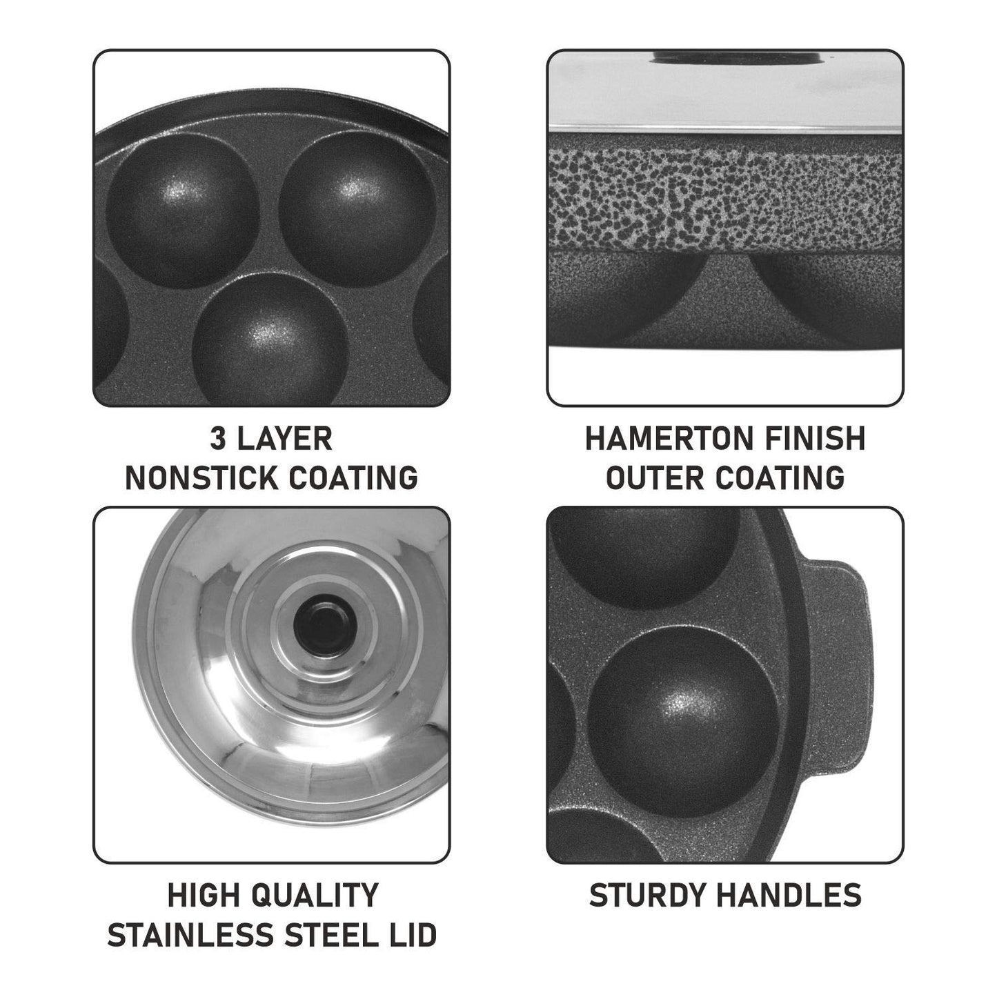 3-Layer Non-Stick Appapatram Grill with 12 Cavities & Stainless Steel lid, Black Finish