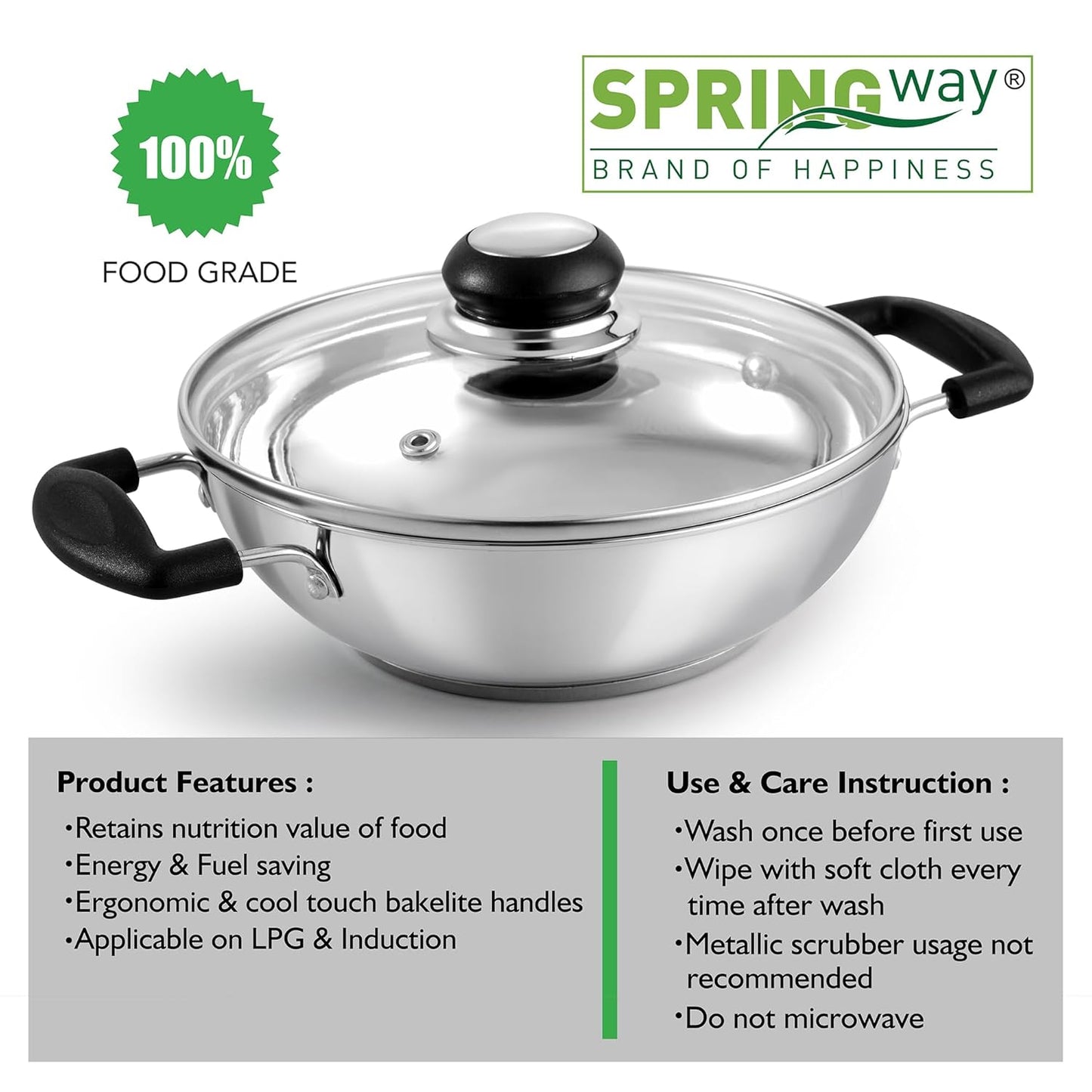 Springway Steeli Stainless Steel Kadai with Glass Lid | 1.5L | 20 cm