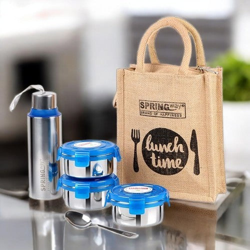 Jute Lunch Bag with 3 Containers | Includes 1 Bottle & 1 Spoon (Cream)