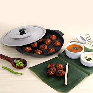 3-Layer Non-Stick Appapatram Grill with 12 Cavities & Stainless Steel lid, Black Finish
