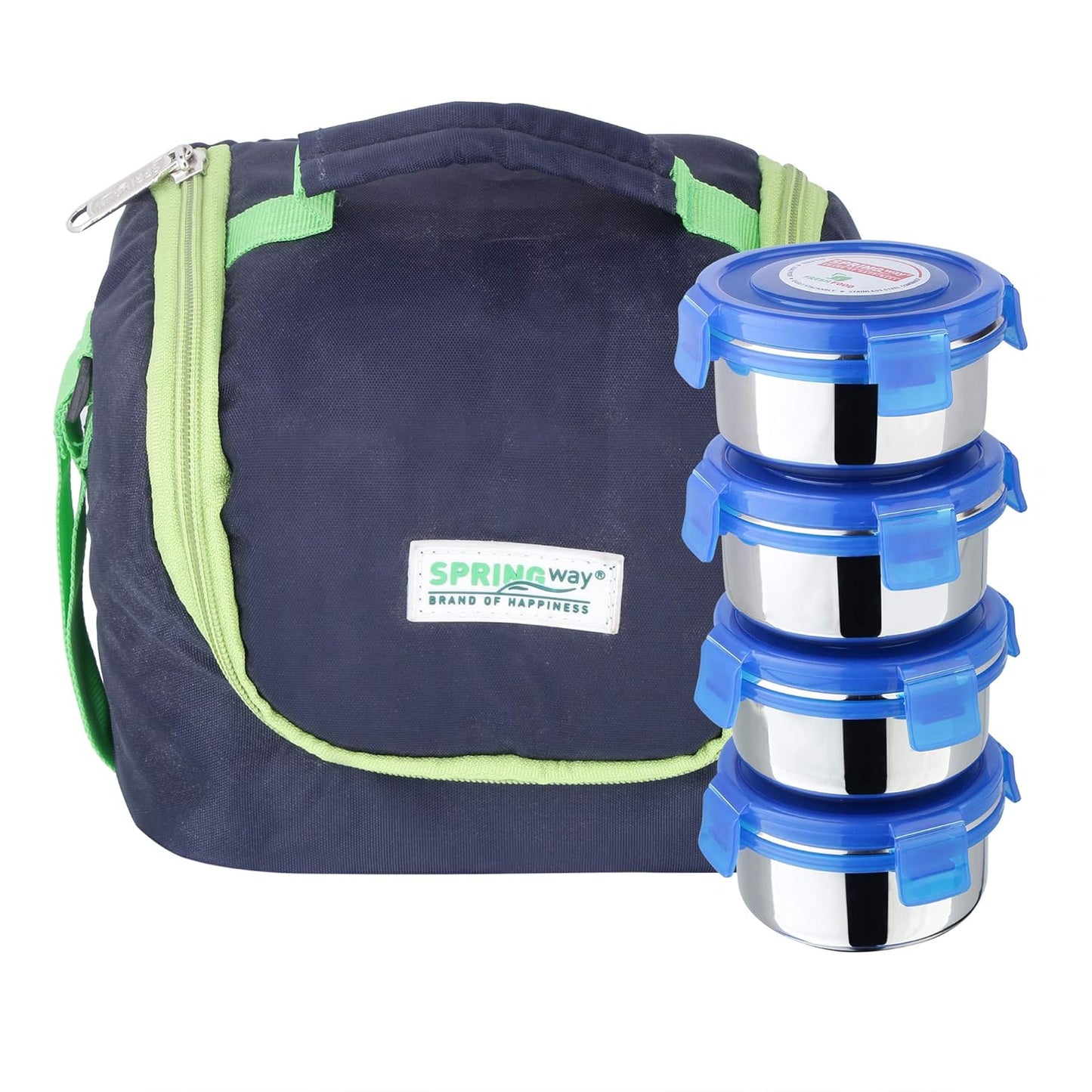 Stainless Steel Lunch Box Set with Bag, 300ml, 11cm Diameter, 4-Pieces (Blue)