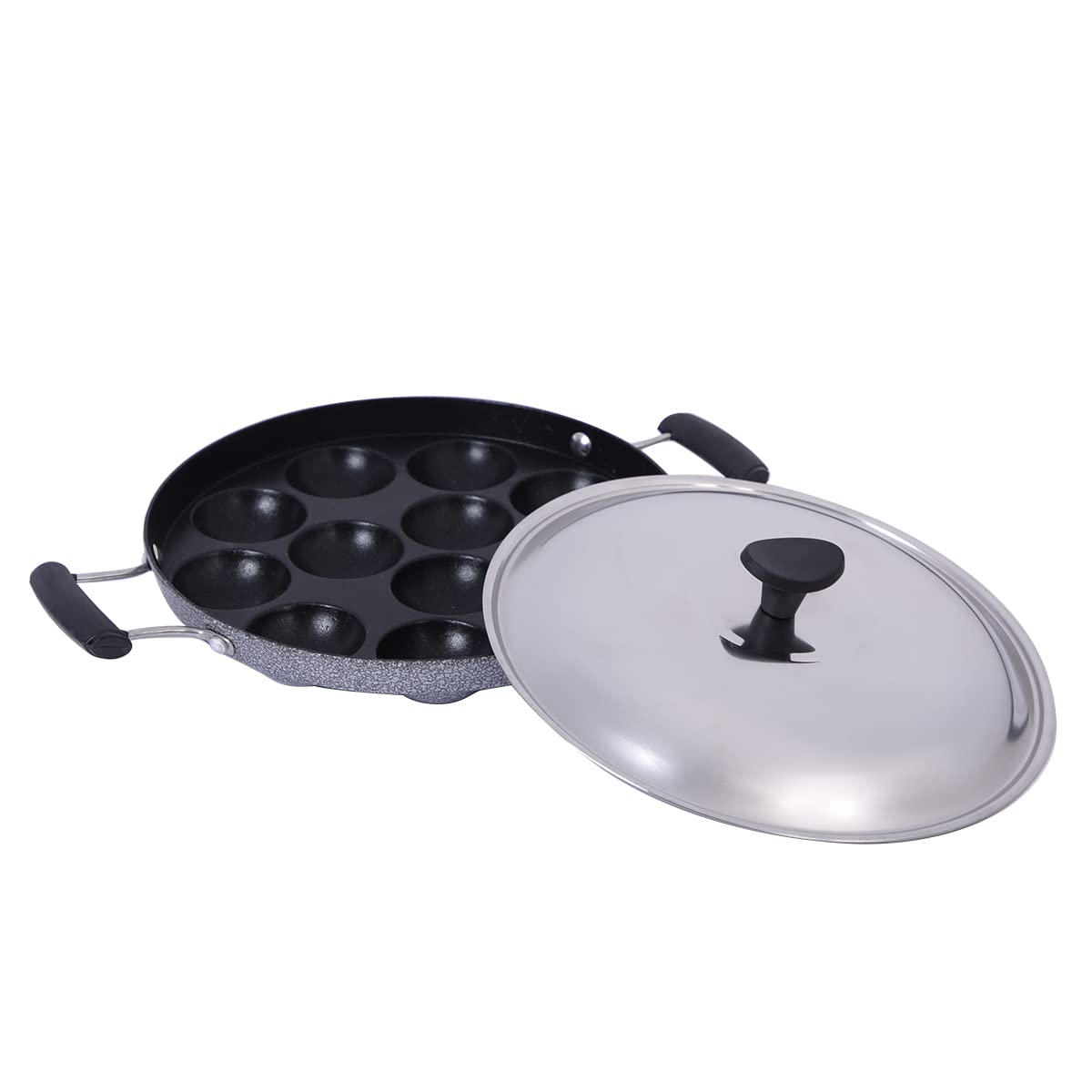 Nonstick Appampatra with Double Handles, 12-Cavity, Stainless Steel Lid, and Hammertone Finish