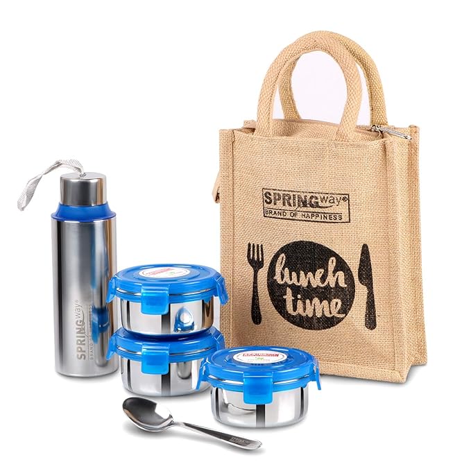 Jute Lunch Bag with 3 Containers | Includes 1 Bottle & 1 Spoon (Cream)