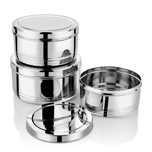 Stainless Steel Round Shape Roti Dabba/Storage Containers with Lid Set of 3 Pcs