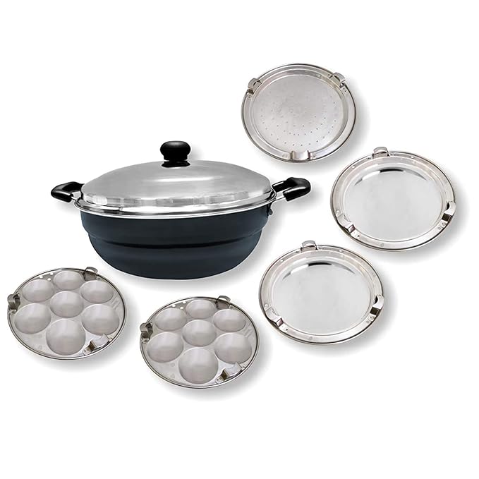 Super5 Hard Anodised Aluminum Multi Kadai with Lid, 4 L and 5 Stainless Steel Plates (Black)