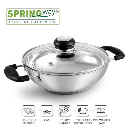 Springway Steeli Stainless Steel Kadai with Glass Lid | 1.5L | 20 cm