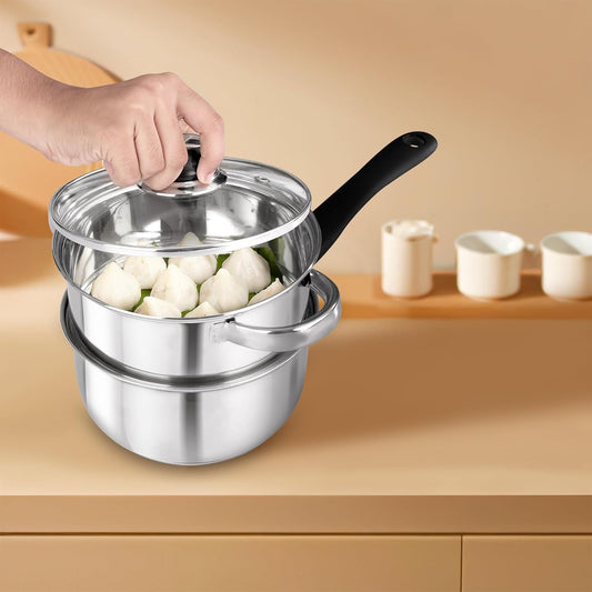 Martensite Triply Bottom Stainless Steel Multi-Purpose Steamer/Sauce Pan, 18CM (2 in 1) | Vegetable, Momos & Modak Steamer, Tea & Milk Pan