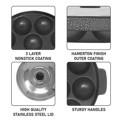 3-Layer Non-Stick Appapatram Grill with 12 Cavities & Stainless Steel lid, Black Finish