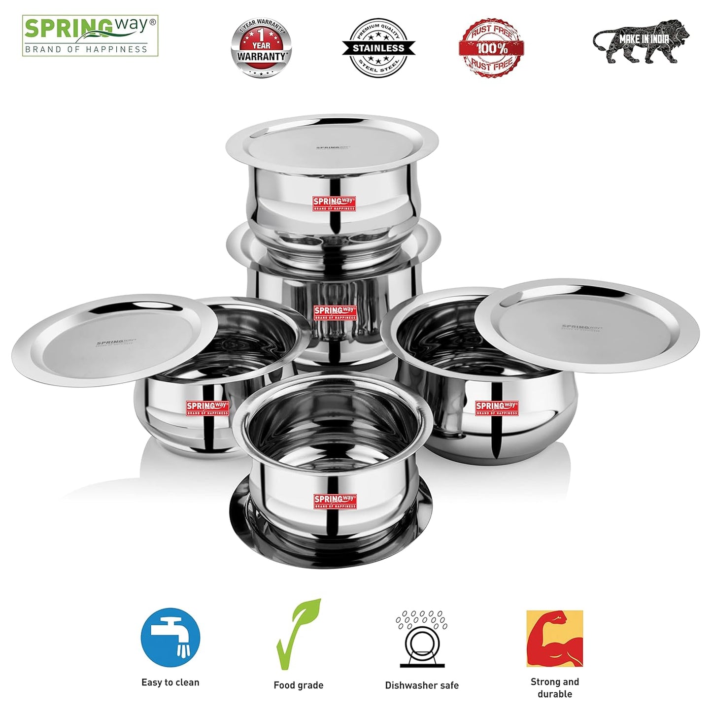 Stainless Steel 5 Pcs Belly Shape Tope Set with Lids (1 LTR to 2.7 LTR)