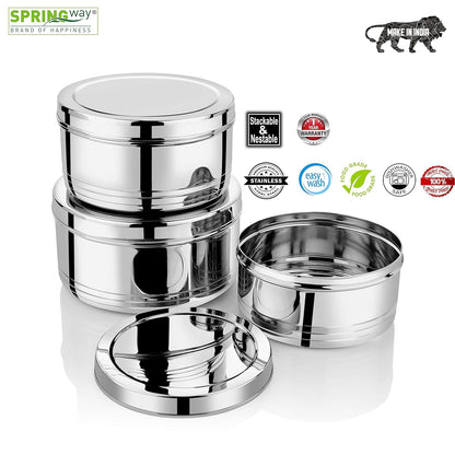 Stainless Steel Round Shape Roti Dabba/Storage Containers with Lid Set of 3 Pcs