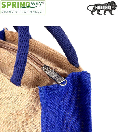 Jute Lunch Bag with 3 Containers | Includes 1 Bottle & 1 Spoon (Blue)