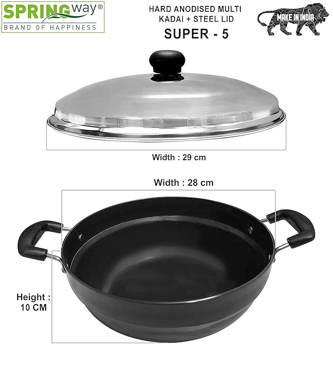 Super5 Hard Anodised Aluminum Multi Kadai with Lid, 4 L and 5 Stainless Steel Plates (Black)