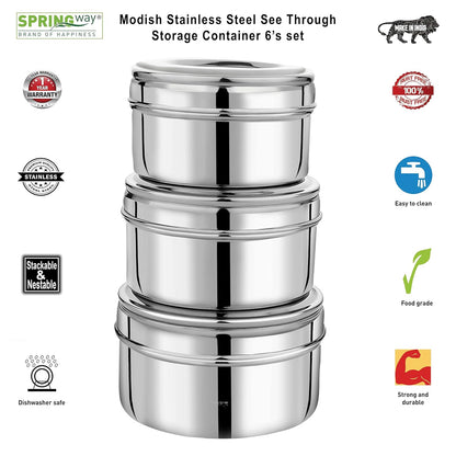 Modish Stainless Steel see through lid storage Dabba/Containers Set of 6