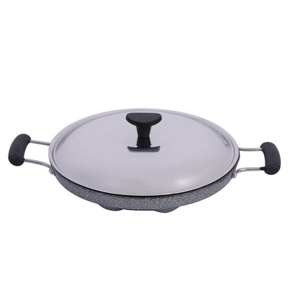 Nonstick Appampatra with Double Handles, 12-Cavity, Stainless Steel Lid, and Hammertone Finish