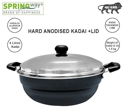 Super5 Hard Anodised Aluminum Multi Kadai with Lid, 4 L and 5 Stainless Steel Plates (Black)