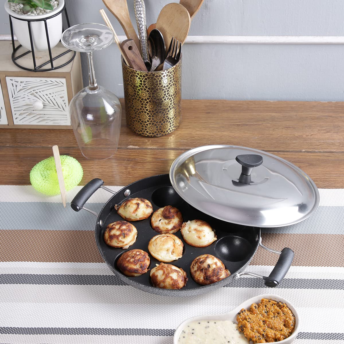 Nonstick Appampatra with Double Handles, 12-Cavity, Stainless Steel Lid, and Hammertone Finish