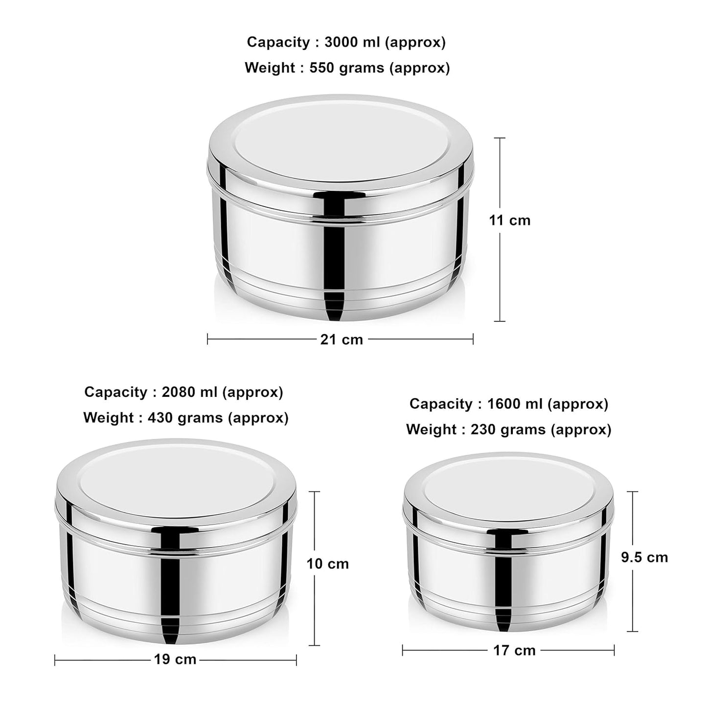 Stainless Steel Round Shape Roti Dabba/Storage Containers with Lid Set of 3 Pcs