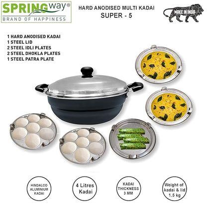 Super5 Hard Anodised Aluminum Multi Kadai with Lid, 4 L and 5 Stainless Steel Plates (Black)