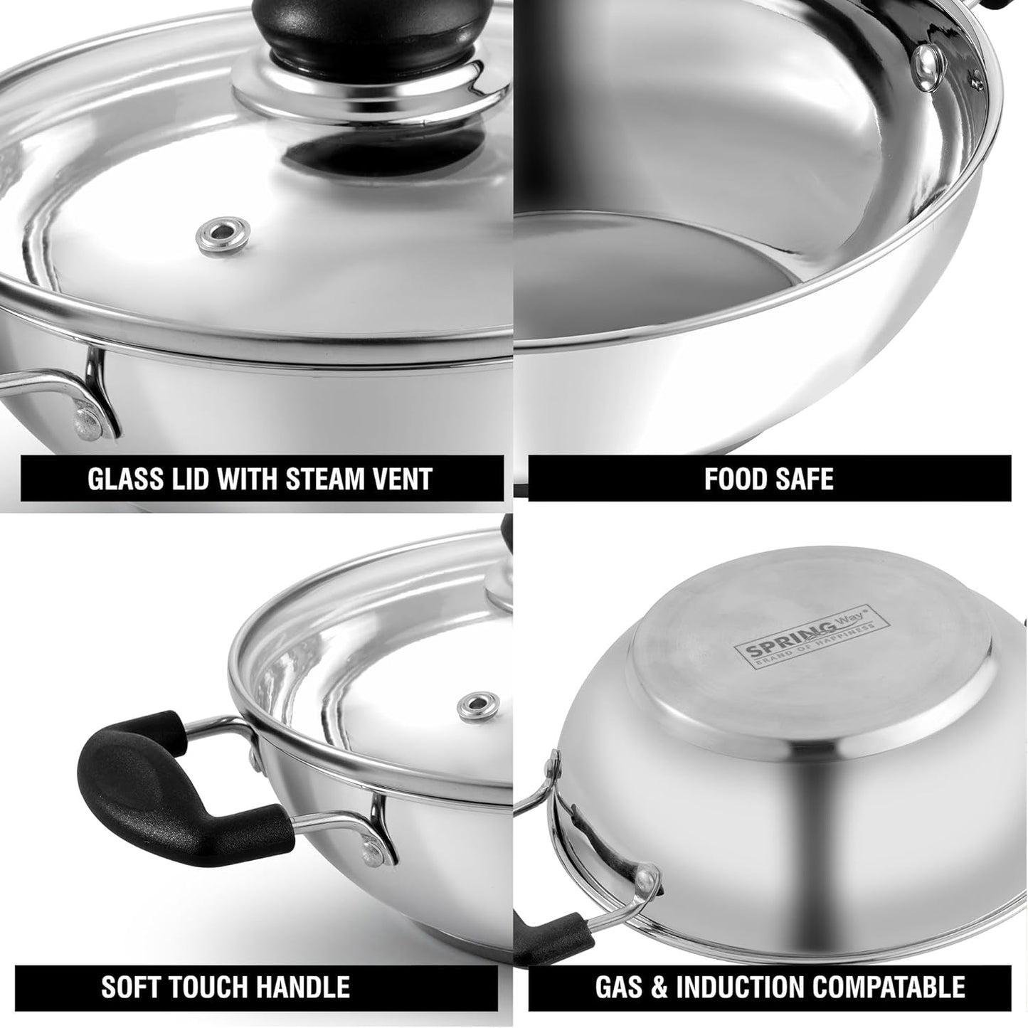 Springway Steeli Stainless Steel Kadai with Glass Lid | 1.5L | 20 cm