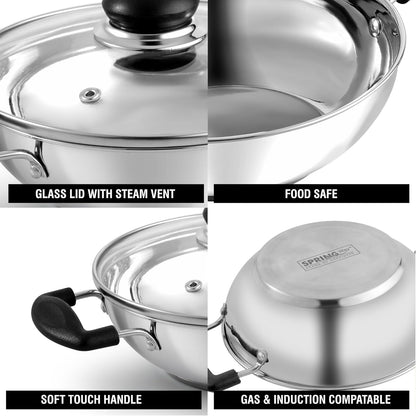 Springway Steeli Stainless Steel Kadai with Glass Lid | 1.5L | 20 cm