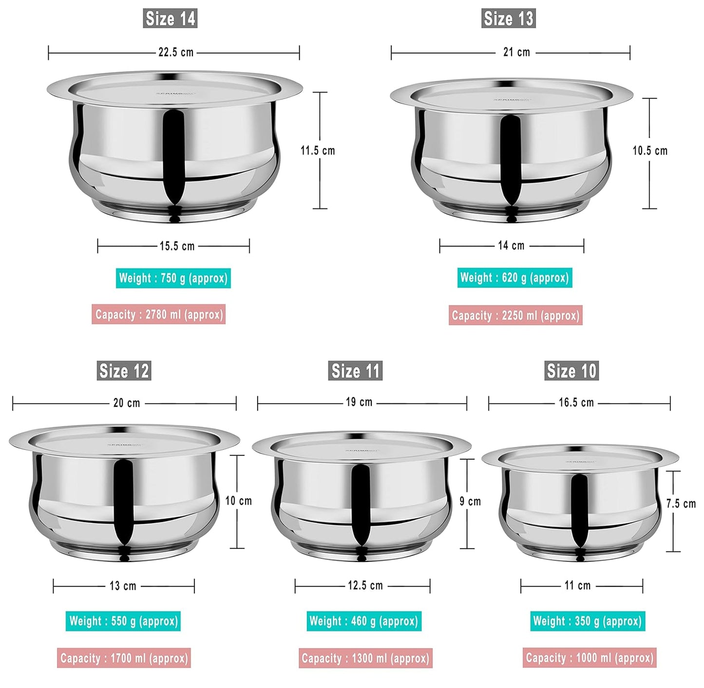 Stainless Steel 5 Pcs Belly Shape Tope Set with Lids (1 LTR to 2.7 LTR)