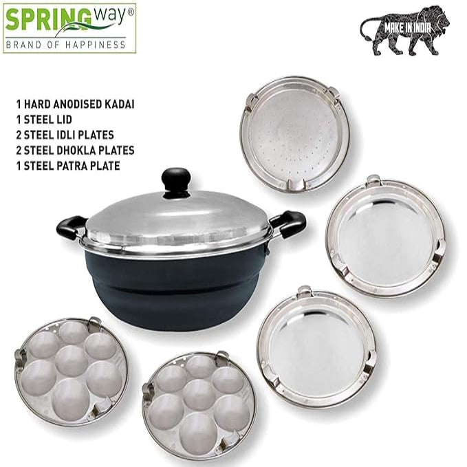 Super5 Hard Anodised Aluminum Multi Kadai with Lid, 4 L and 5 Stainless Steel Plates (Black)