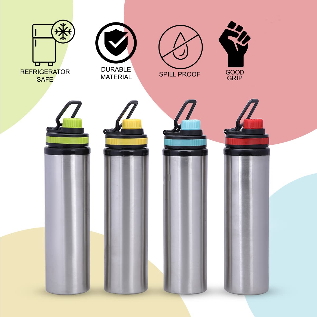 Eco Neer Thunder Stainless Steel Water Bottle 900ml | Set of 4 | Multicolor | Leakproof & Durable