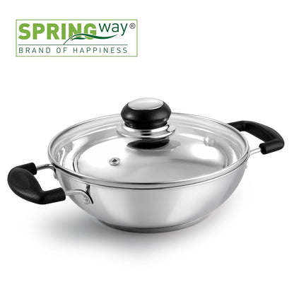Springway Steeli Stainless Steel Kadai with Glass Lid | 1.5L | 20 cm