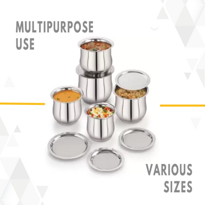 Stainless Steel 5 Pcs Belly Shape Tope Set with Lids (1 LTR to 2.7 LTR)