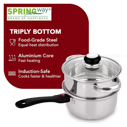 Martensite Triply Bottom Stainless Steel Multi-Purpose Steamer/Sauce Pan, 18CM (2 in 1) | Vegetable, Momos & Modak Steamer, Tea & Milk Pan