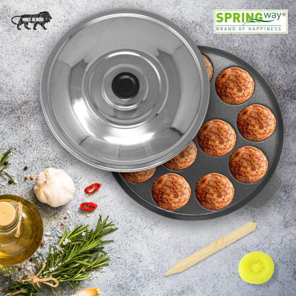 3-Layer Non-Stick Appapatram Grill with 12 Cavities & Stainless Steel lid, Black Finish