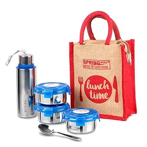 Jute Lunch Bag with 3 Containers | Includes 1 Bottle & 1 Spoon (Red)