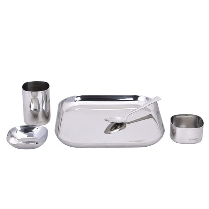 Stainless Steel Square Orchid Dinner Set 5pcs with Dinner Plate, Halwa Plate, Katori Bowl, Glass, Spoon (Silver)