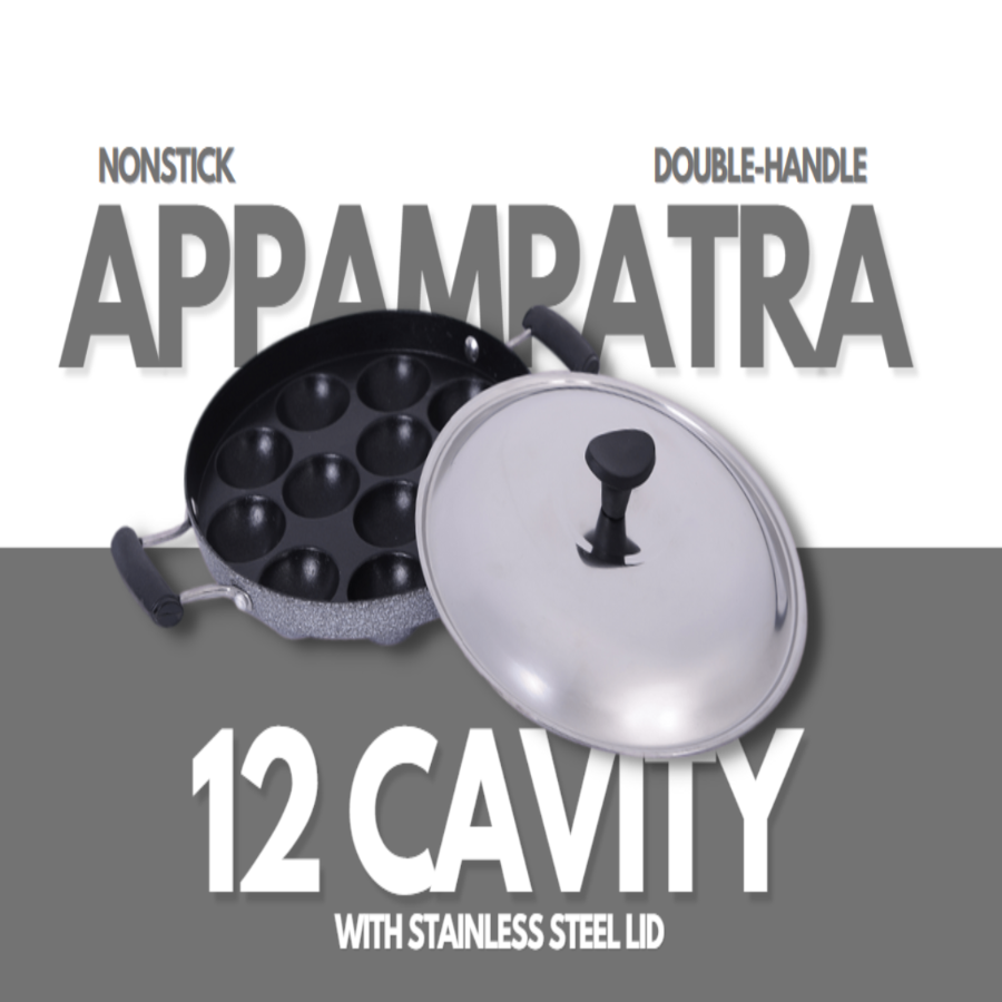 Nonstick Appampatra with Double Handles, 12-Cavity, Stainless Steel Lid, and Hammertone Finish