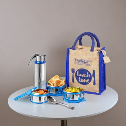 Jute Lunch Bag with 3 Containers | Includes 1 Bottle & 1 Spoon (Blue)